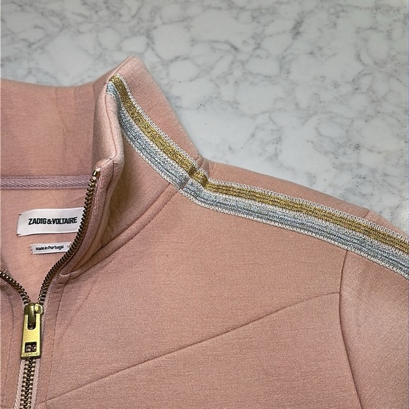 Zadig & Voltaire Cosy Neo Zip Up Jacket Blush Pink Metallic Stripe Size Small - Picture 8 of 8